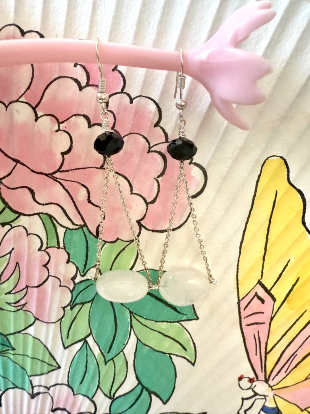 Handmade Silver Chain Drop Earrings with Black and White Beads